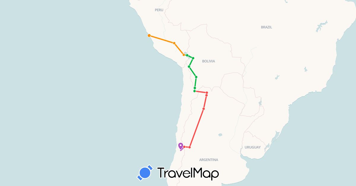 TravelMap itinerary: driving, bus, train, hiking, hitchhiking in Argentina, Bolivia, Chile, Peru (South America)
