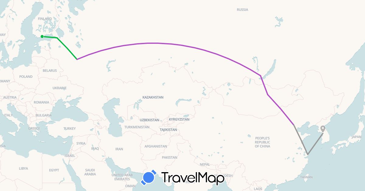 TravelMap itinerary: driving, bus, plane, train in China, Finland, South Korea, Mongolia, Russia (Asia, Europe)