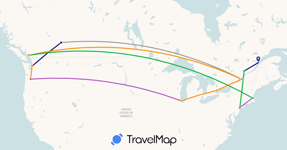 TravelMap itinerary: driving, bus, plane, train, hitchhiking in Canada, United States (North America)